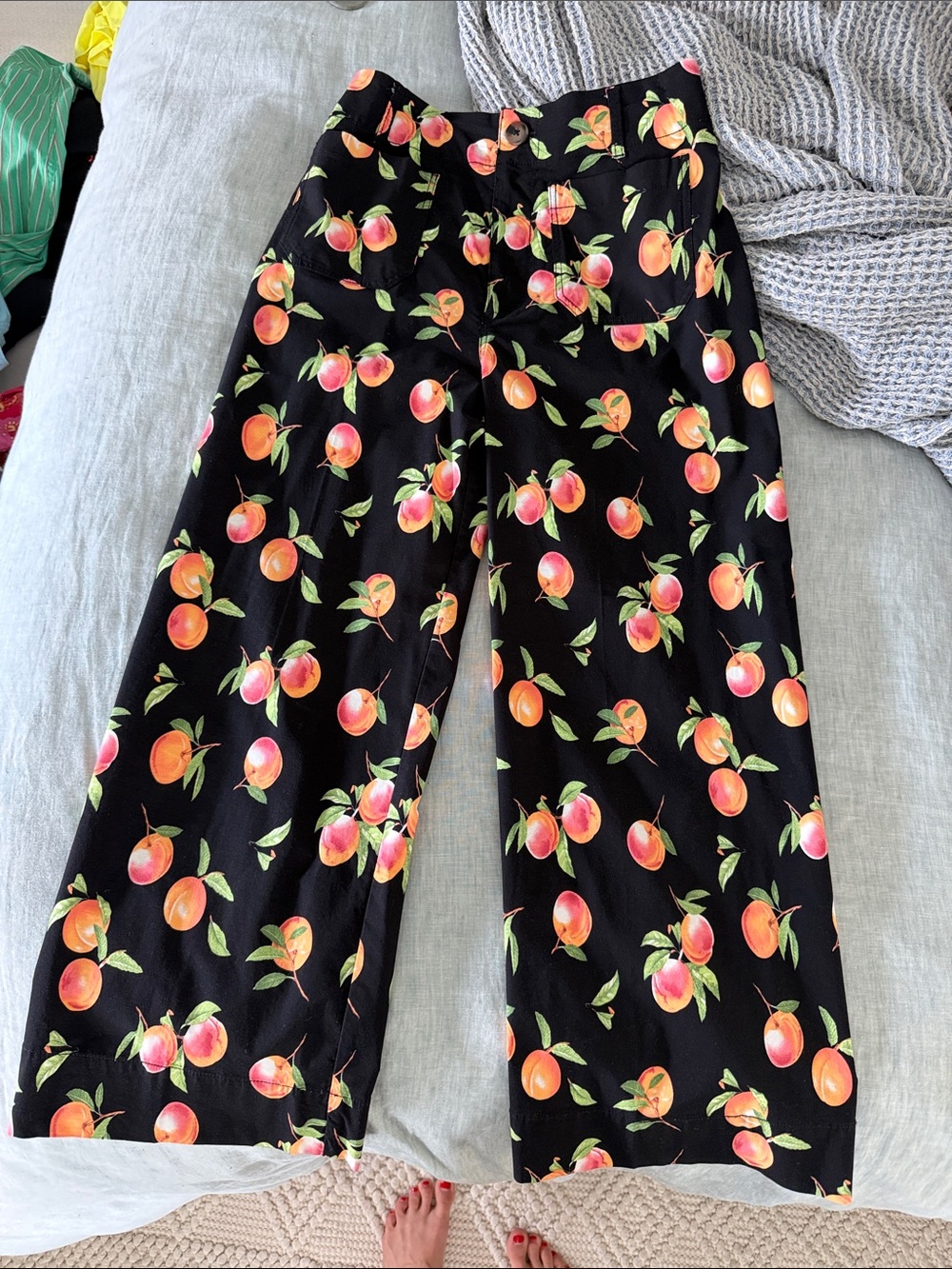 Anthropologie Colette Maeve Black Wide-Leg Pants with Peach Print
